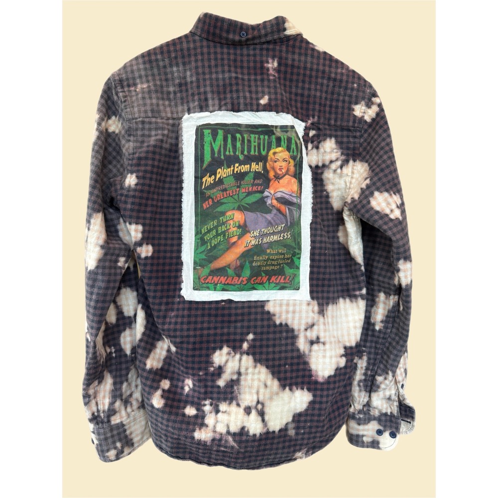 Upcycled Flannel Marijuana Propaganda Patch Bleach Dye‎ Grunge Shirt Small